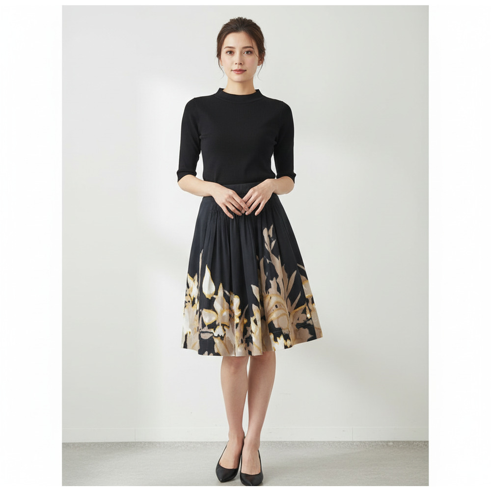 T Tahari Floral Black Gold Tan Khaki Skirt Pleated Full Lined Cotton 6